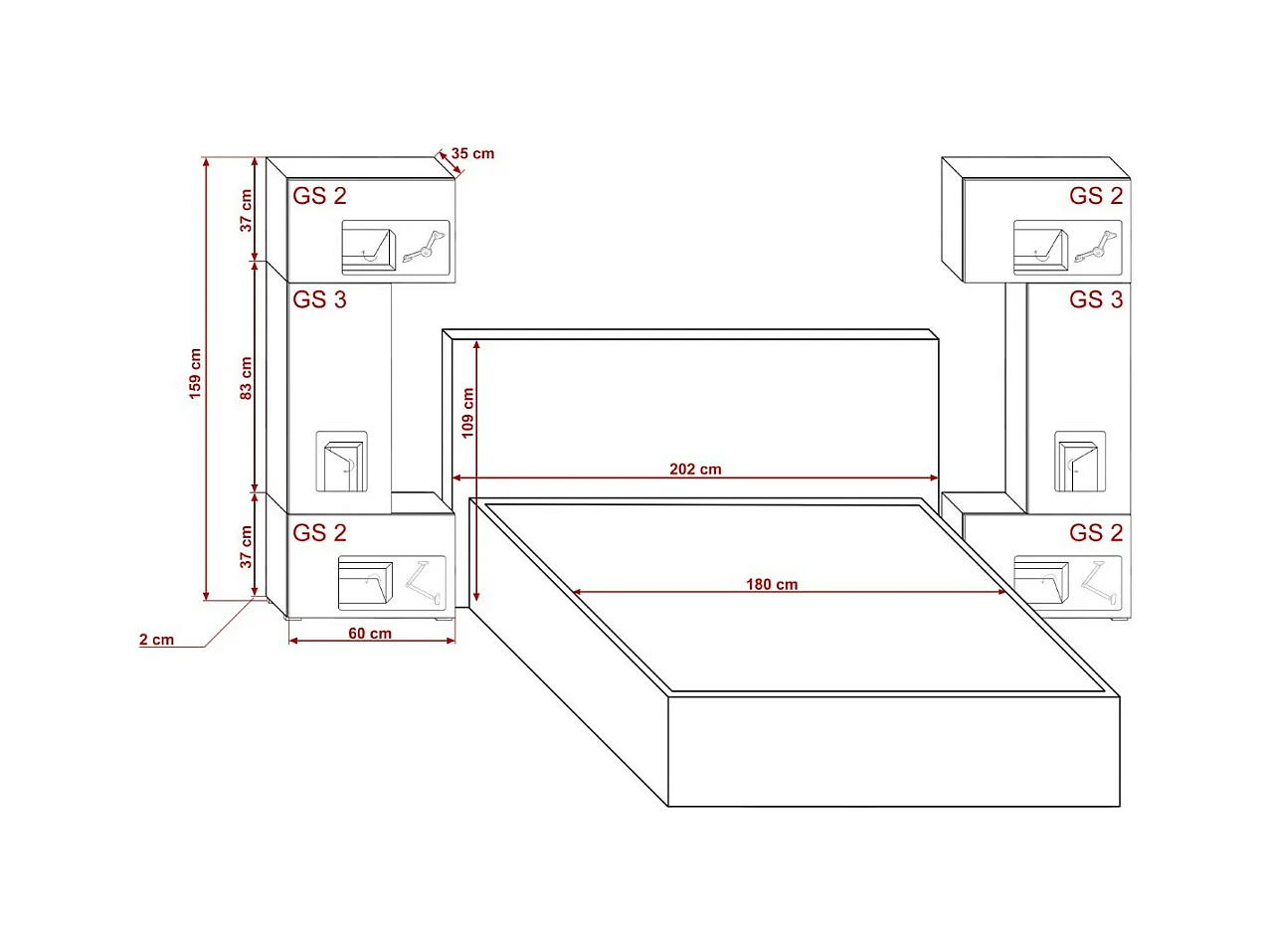 Tête de lit avec rangement Armoire - pont de lit PANAMA 3/21B/HG1 noir/noir brillant 282-322x159x35cm