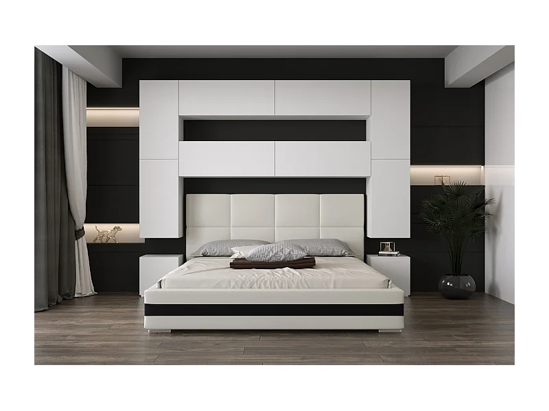Tête de lit avec rangement Armoire - pont de lit PANAMA 4/M/W/3-1A blanc 256x223x35cm