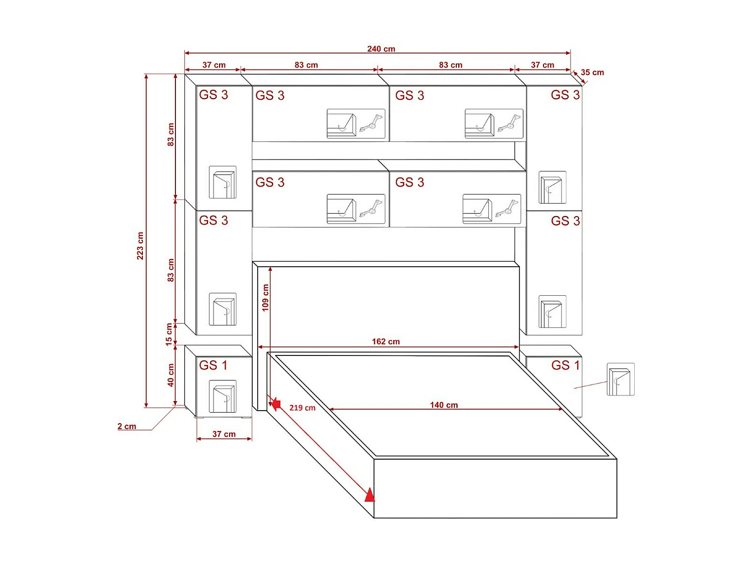 Tête de lit avec rangement Armoire - pont de lit PANAMA 4/HG/W/2-1B blanc/blanc brillant 240x223x35cm
