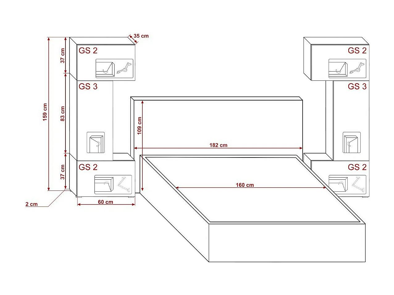 Tête de lit avec rangement Armoire - pont de lit PANAMA 3/21S/M5 chêne sonoma 282-322x159x35cm