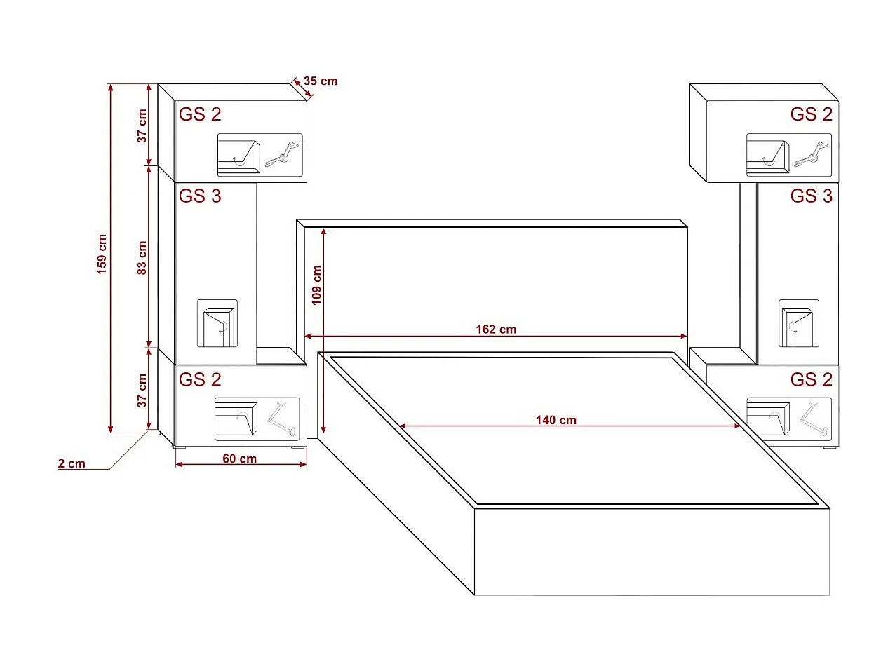 Tête de lit avec rangement Armoire - pont de lit PANAMA 3/21S/M5 chêne sonoma 282-322x159x35cm
