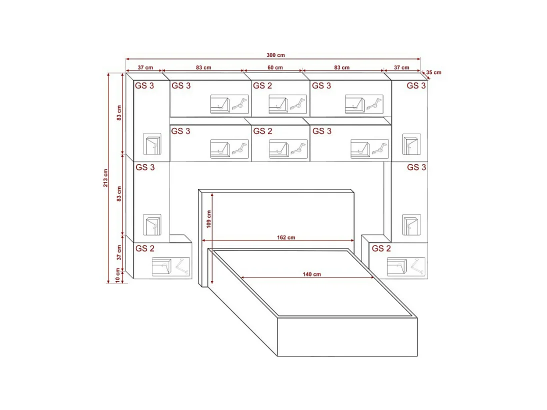 Tête de lit avec rangement Armoire - pont de lit PANAMA 7/HG/W/2-1C blanc/blanc brillant 300x213x35cm