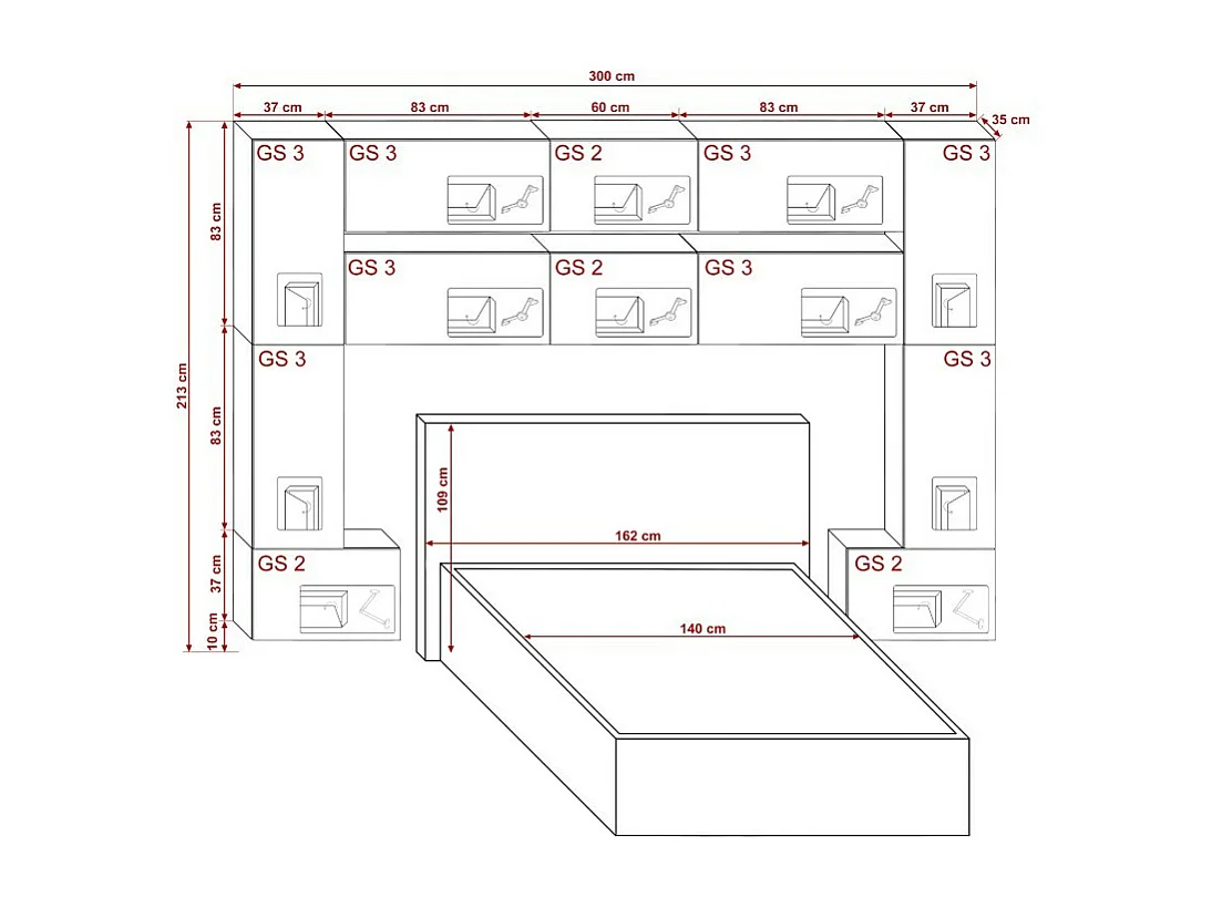 Tête de lit avec rangement Armoire - pont de lit PANAMA 7/HG/W/2-1C blanc/blanc brillant 300x213x35cm