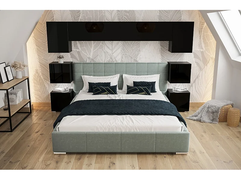 Tête de lit avec rangement Armoire - pont de lit PANAMA 13/HG/B/1-1A noir/noir brillant 256x182x35cm