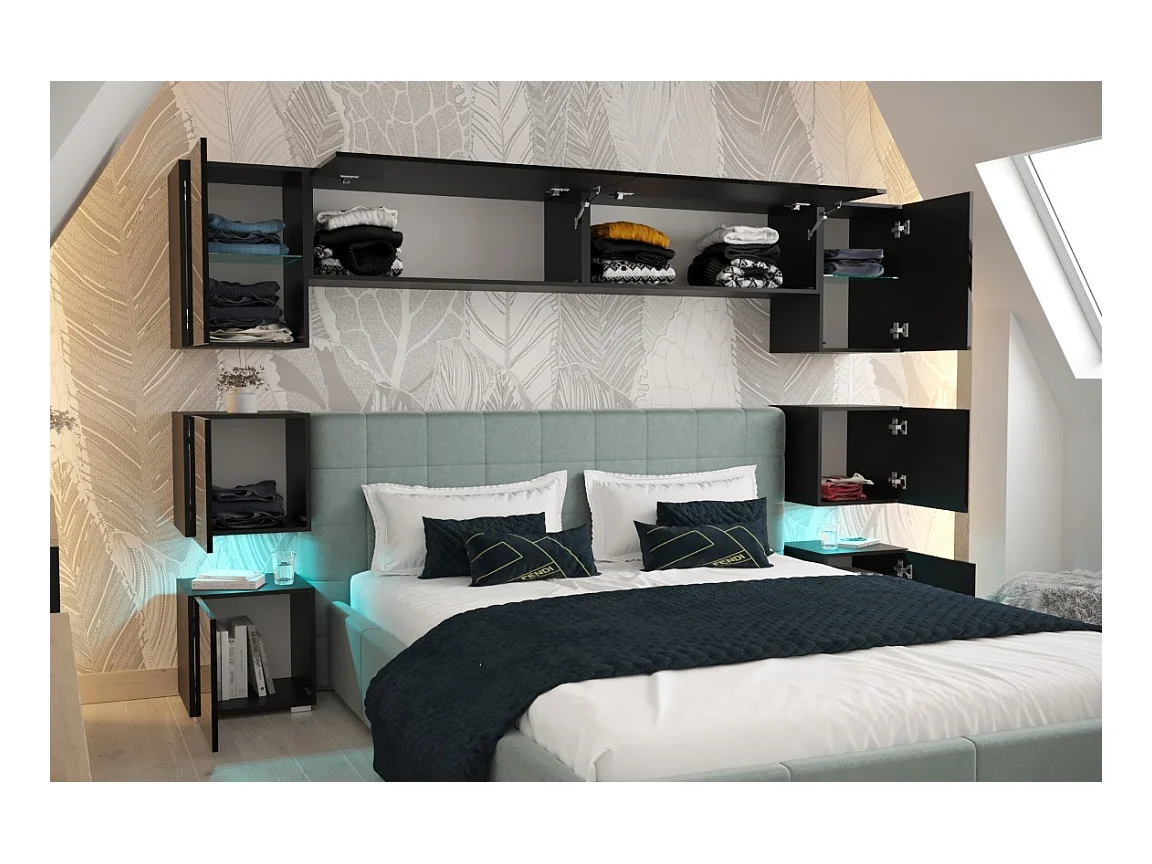 Tête de lit avec rangement Armoire - pont de lit PANAMA 13/HG/B/1-1A noir/noir brillant 256x182x35cm