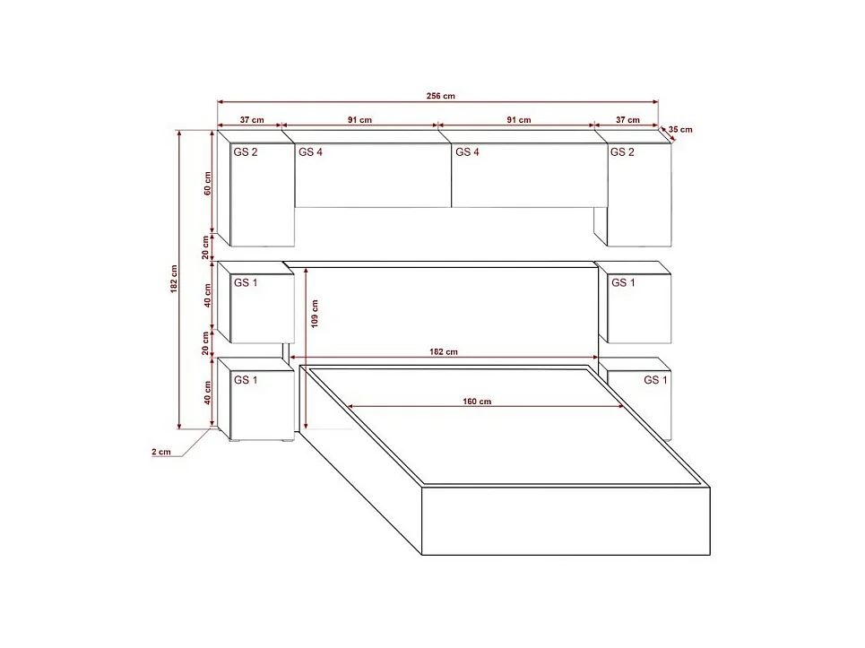 Tête de lit avec rangement Armoire - pont de lit PANAMA 13/HG/B/1-1A noir/noir brillant 256x182x35cm