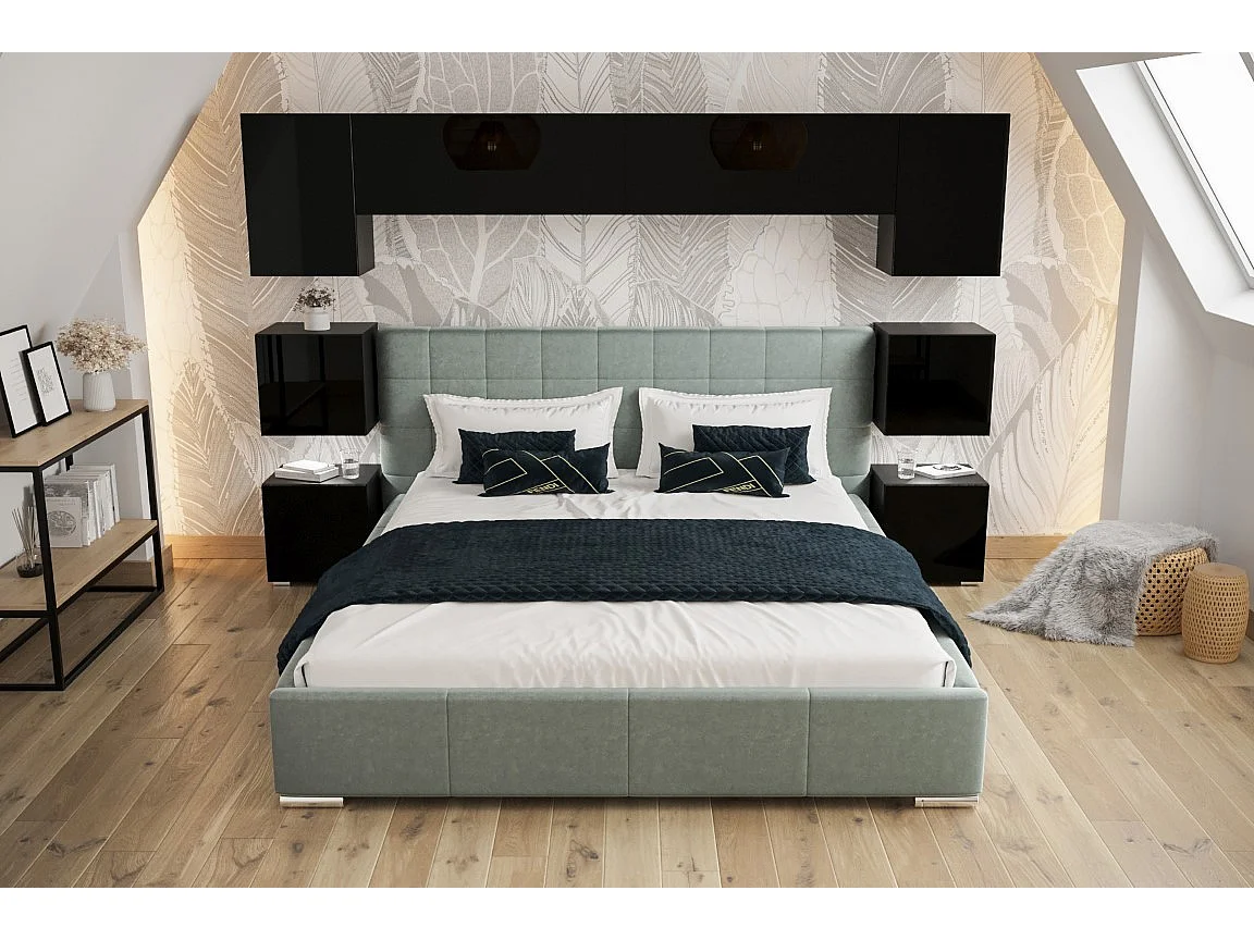 Tête de lit avec rangement Armoire - pont de lit PANAMA 13/HG/B/1-1A noir/noir brillant 256x182x35cm