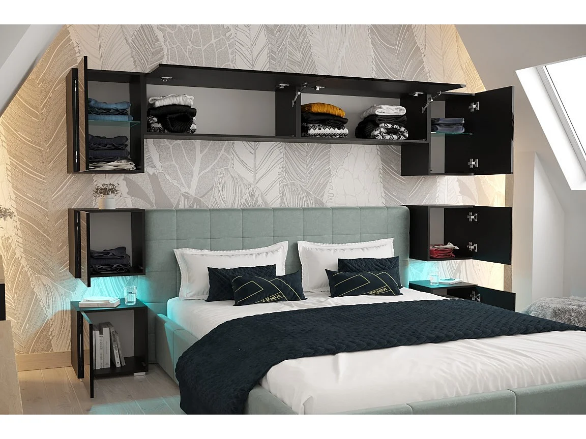 Tête de lit avec rangement Armoire - pont de lit PANAMA 13/HG/B/1-1A noir/noir brillant 256x182x35cm