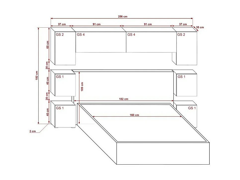 Tête de lit avec rangement Armoire - pont de lit PANAMA 13/HG/B/1-1A noir/noir brillant 256x182x35cm