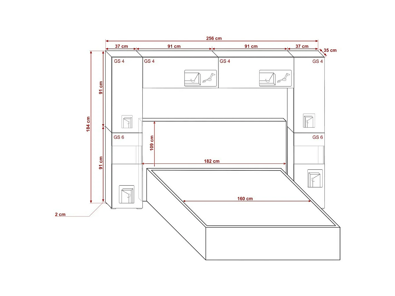 Tête de lit avec rangement Armoire - pont de lit PANAMA 12/HG/W/1-1A blanc/blanc brillant 256x184x35cm