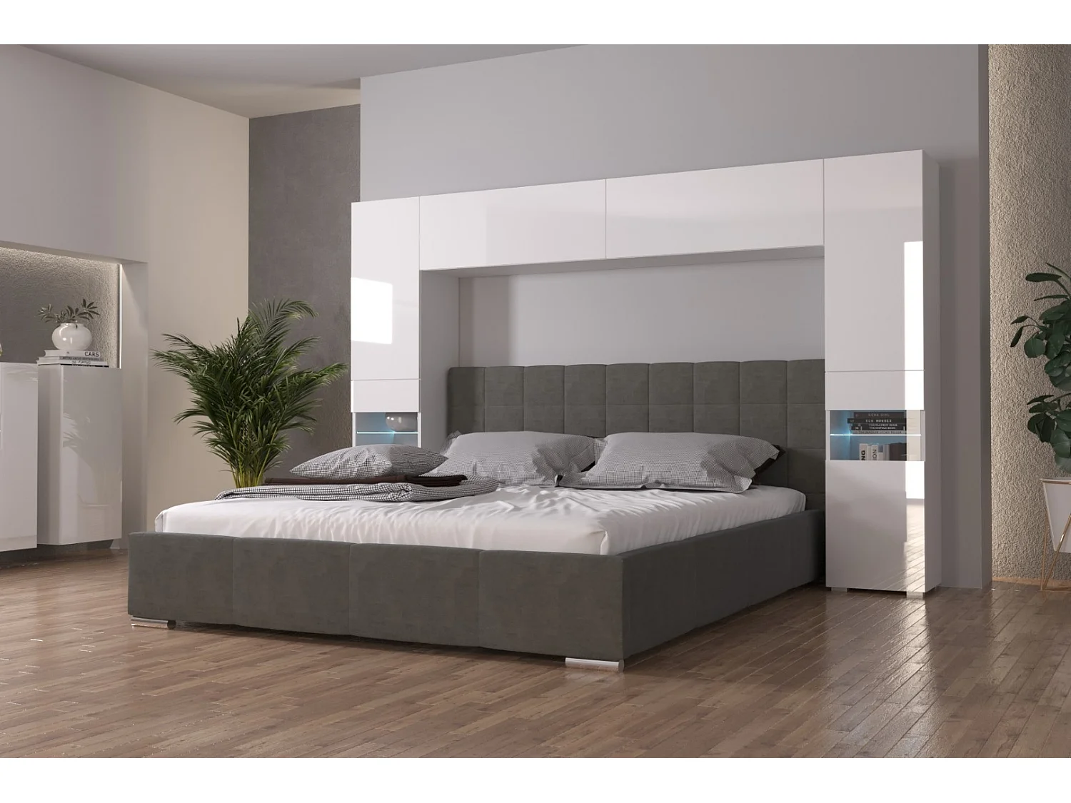 Tête de lit avec rangement Armoire - pont de lit PANAMA 12/HG/W/1-1A blanc/blanc brillant 256x184x35cm