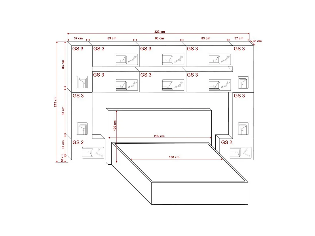 Tête de lit avec rangement Armoire - pont de lit PANAMA 7/HG/B/1-1A noir/noir brillant 323x213x35cm