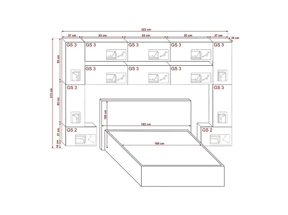 Tête de lit avec rangement Armoire - pont de lit PANAMA 7/HG/B/1-1A noir/noir brillant 323x213x35cm