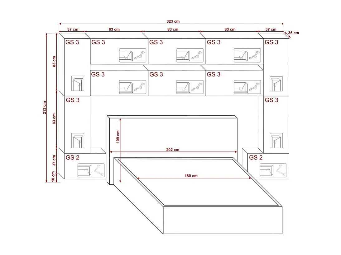 Tête de lit avec rangement Armoire - pont de lit PANAMA 7/HG/B/1-1A noir/noir brillant 323x213x35cm