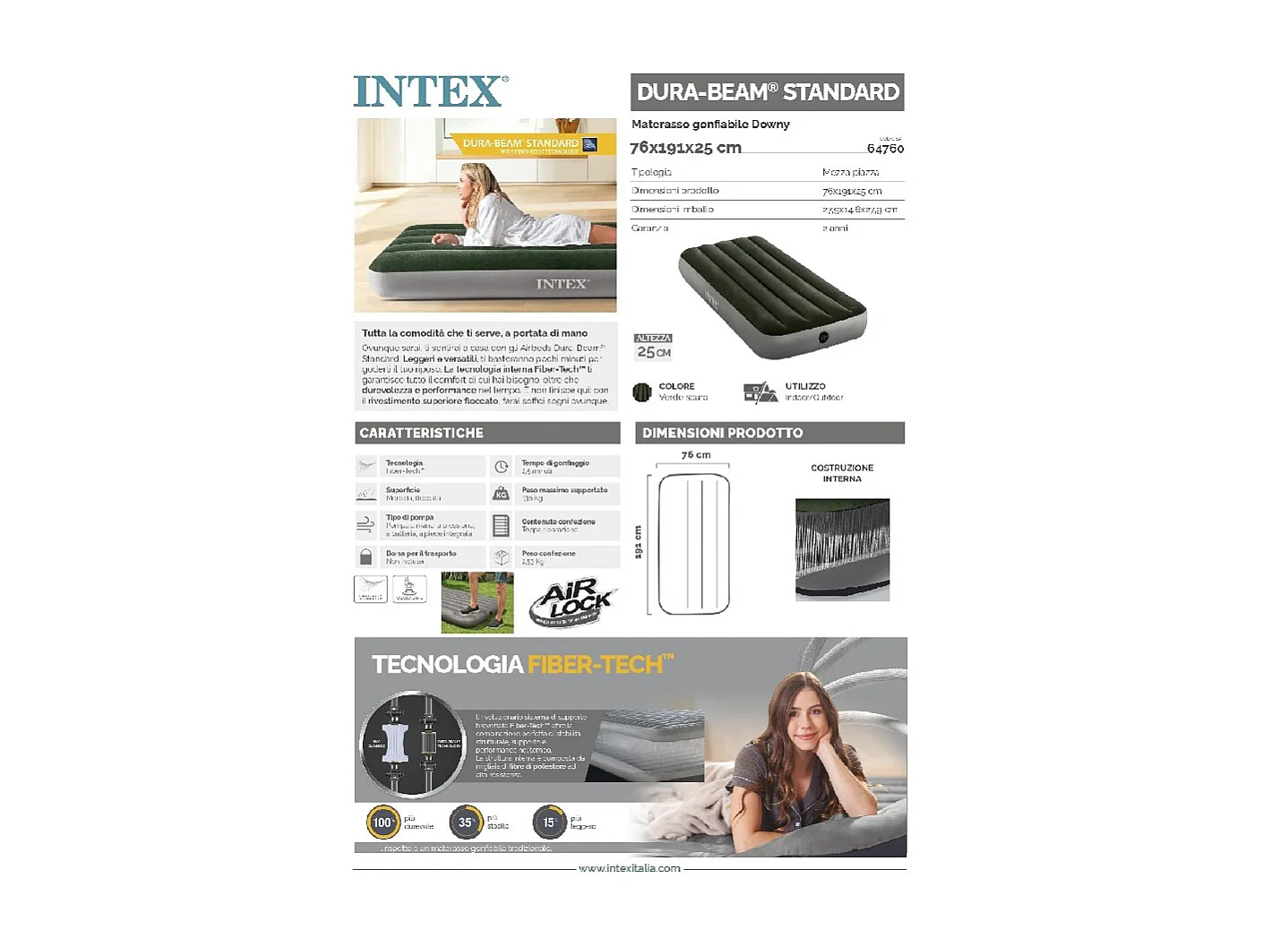 Materasso Gonfiabile Mezza Piazza Downy - Verde - 76 x 191 x 25 cm