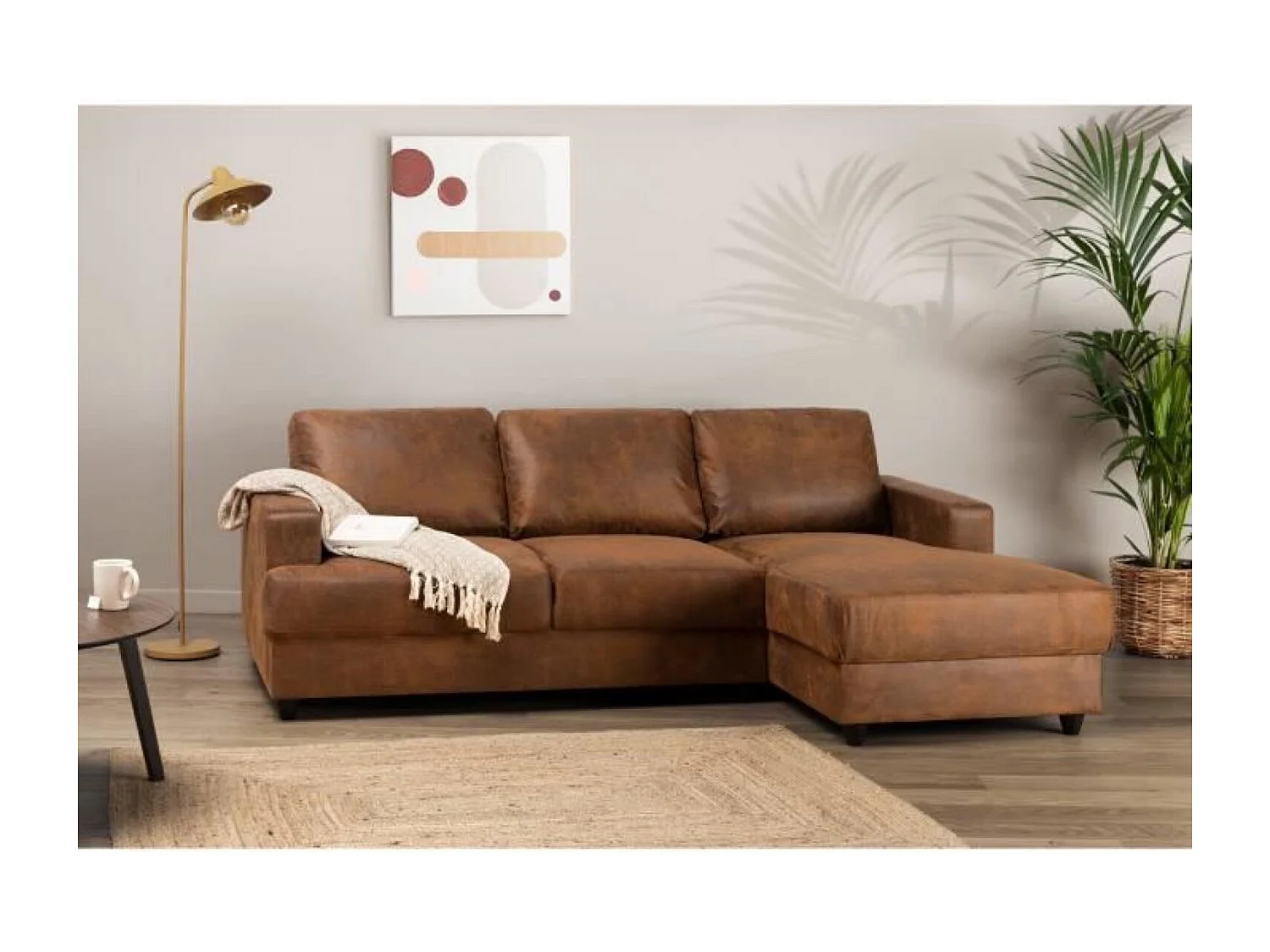 Divano d'angolo 4 posti Vintage Marrone Contemporaneo - Tessuto 100% poliestere - Struttura in Pino Massiccio - Confortevole ed Elegante