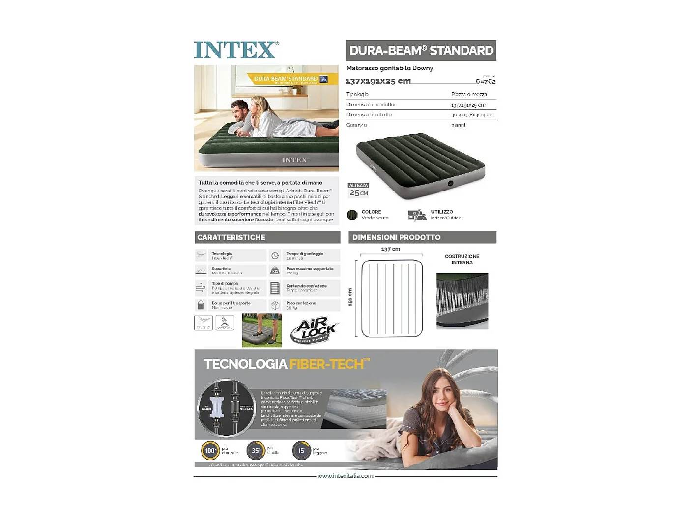 Colchón hinchable Intex Downy Full 2 personas bomba de pie gris 25x137x192 cm
