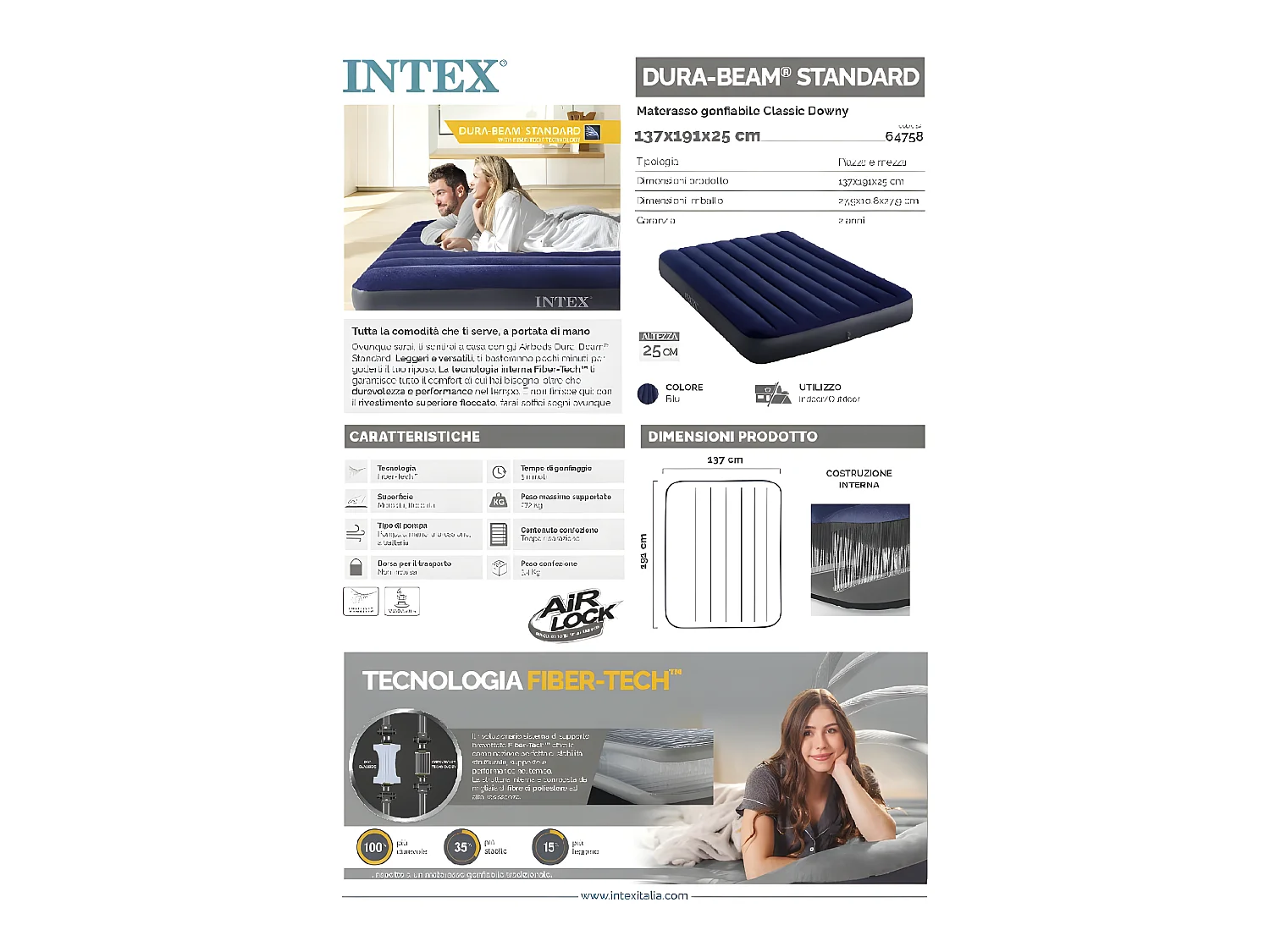Intex 64758 Classic blaue Luftmatratze 137x191x25 cm