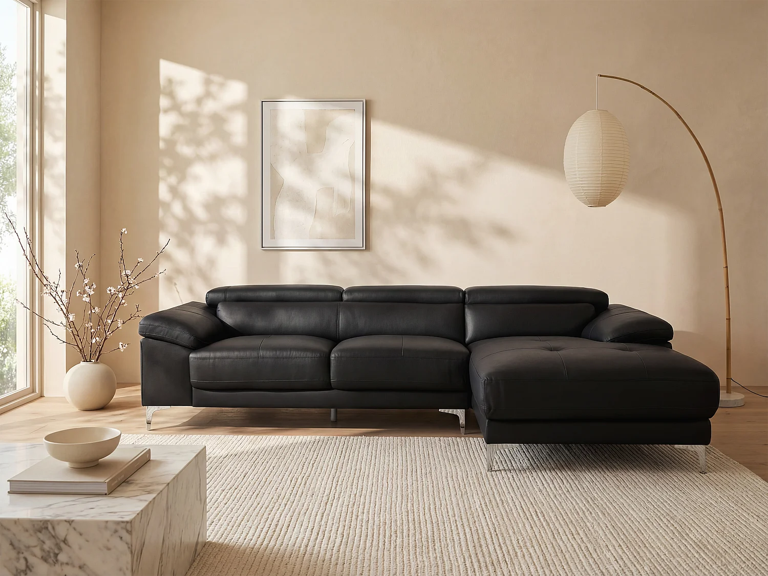 Ecksofa - Ecke Rechts - Leder - Schwarz - SOLANGE