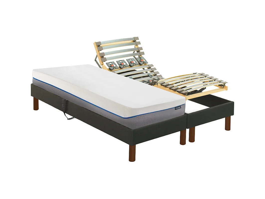 Lit électrique de relaxation déco lattes et plots + matelas mémoire de forme - 2 x 70 x 190 cm - Tissu - Anthracite - JASON de YSMÉE