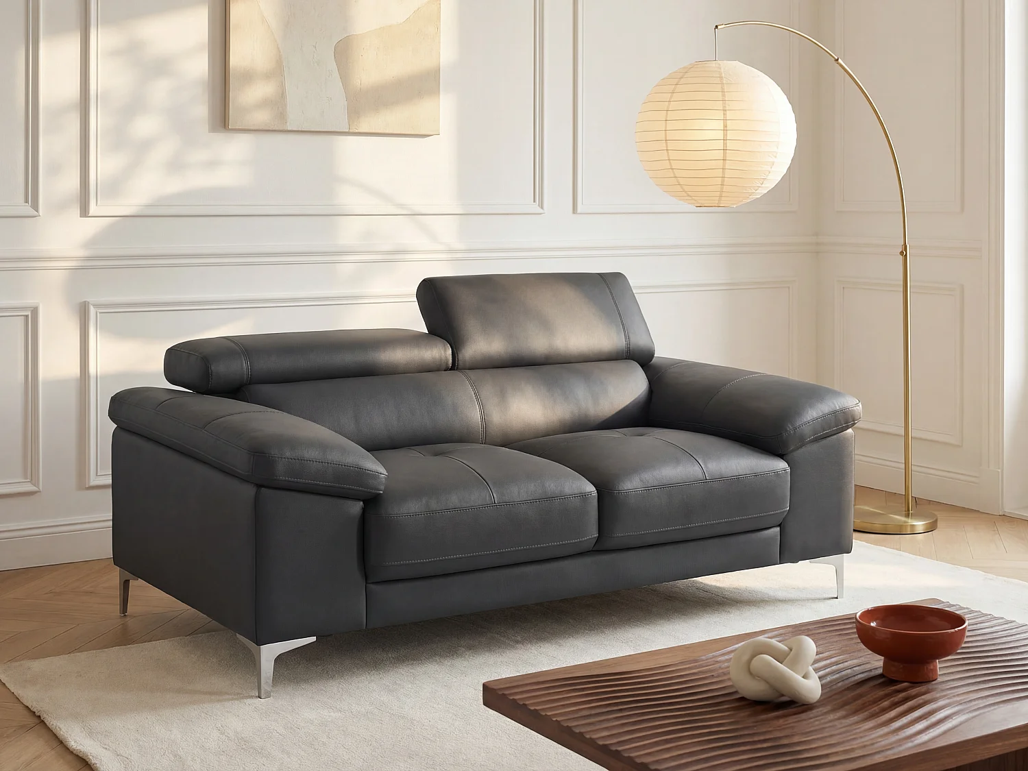 Canapé 2 places en cuir gris anthracite SOLANGE