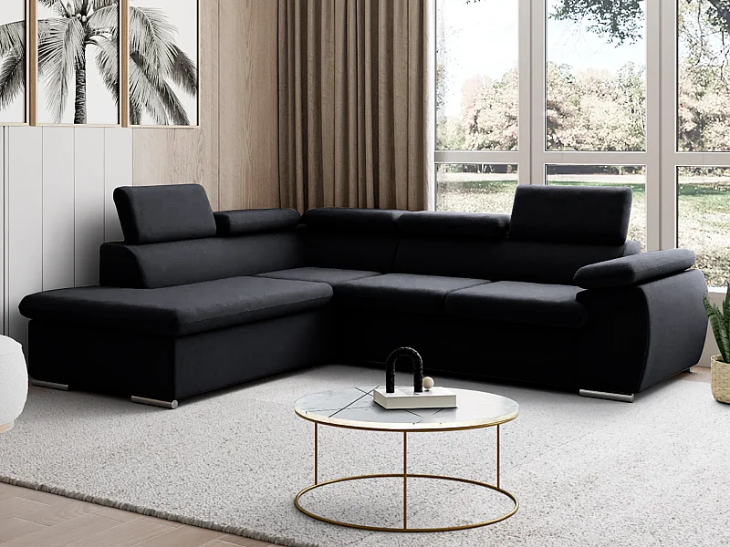 Canapé d'angle gauche convertible en tissu noir avec coffre de rangement FABIEN