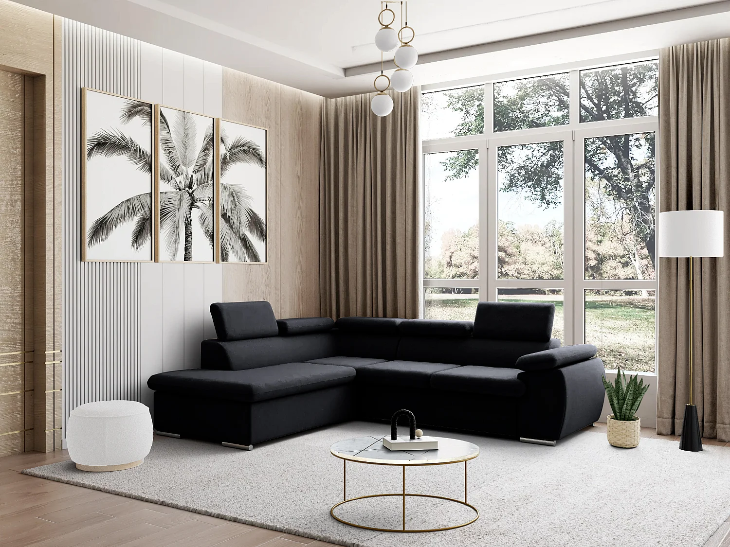 Canapé d'angle gauche convertible en tissu noir avec coffre de rangement FABIEN