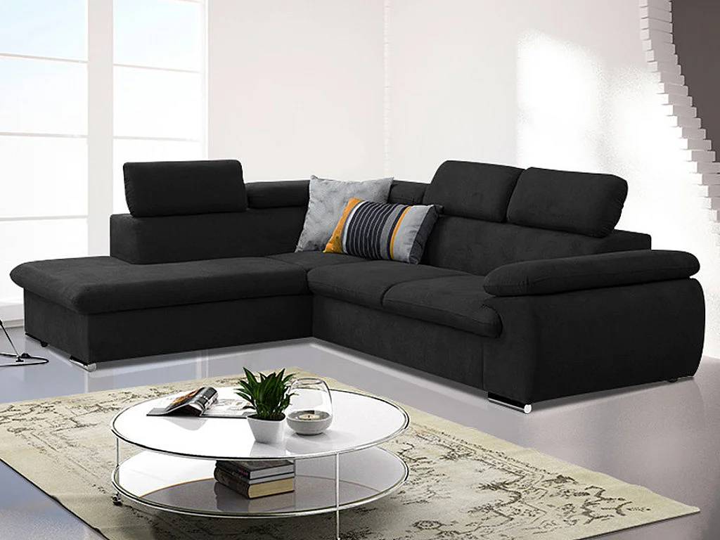 Canapé d'angle gauche convertible en tissu noir avec coffre de rangement FABIEN