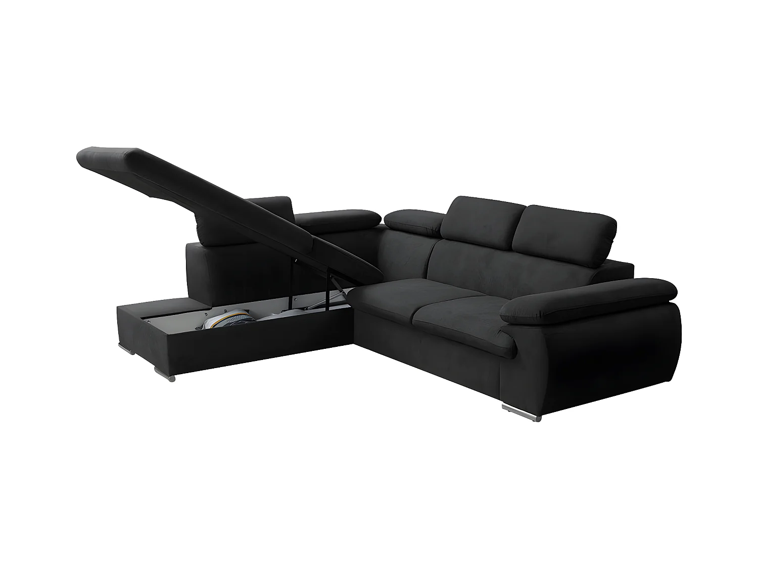 Canapé d'angle gauche convertible en tissu noir avec coffre de rangement FABIEN