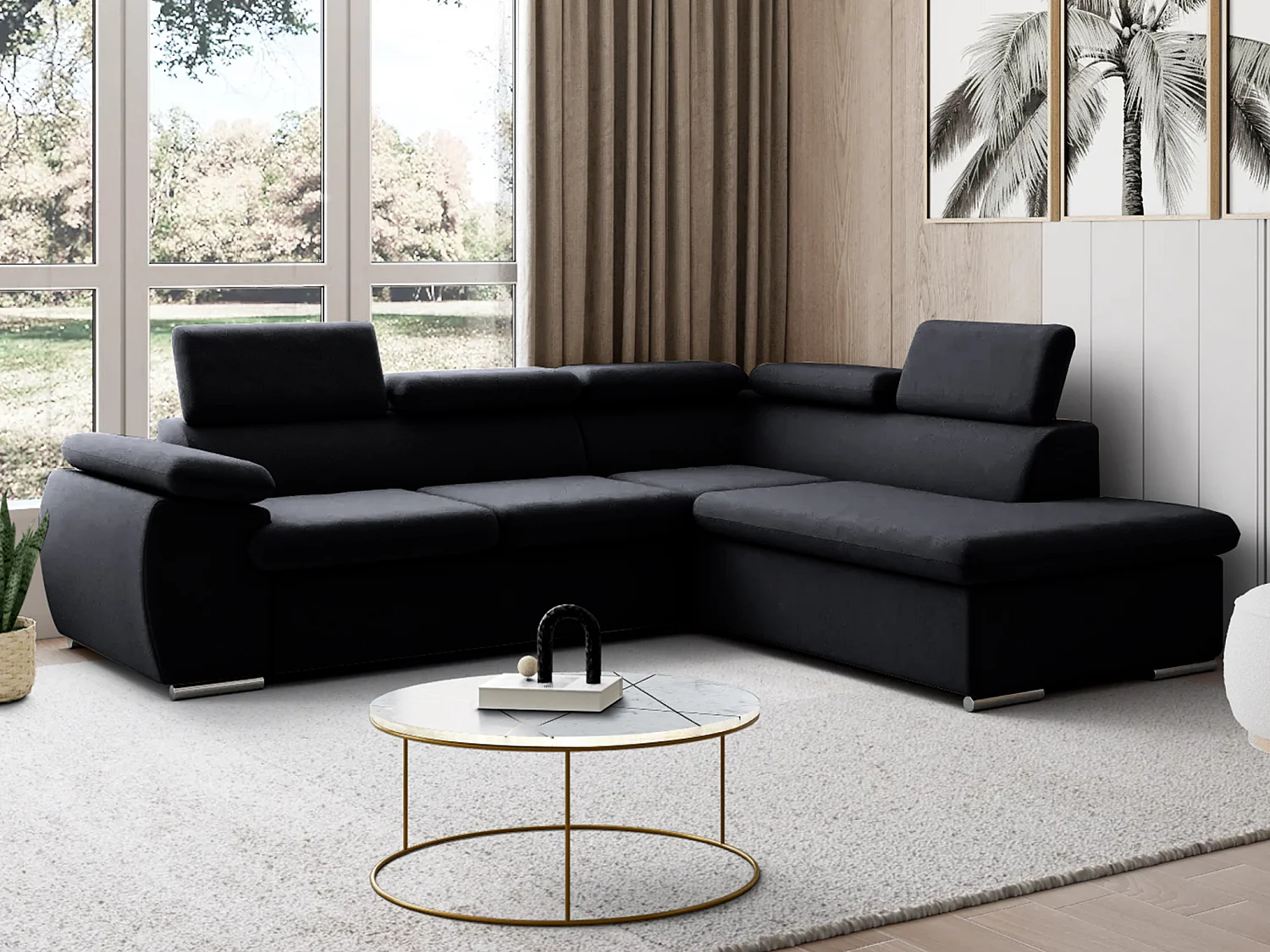 Ecksofa mit Schlaffunktion & Bettkasten- Ecke Rechts - Schwarz - FABIEN