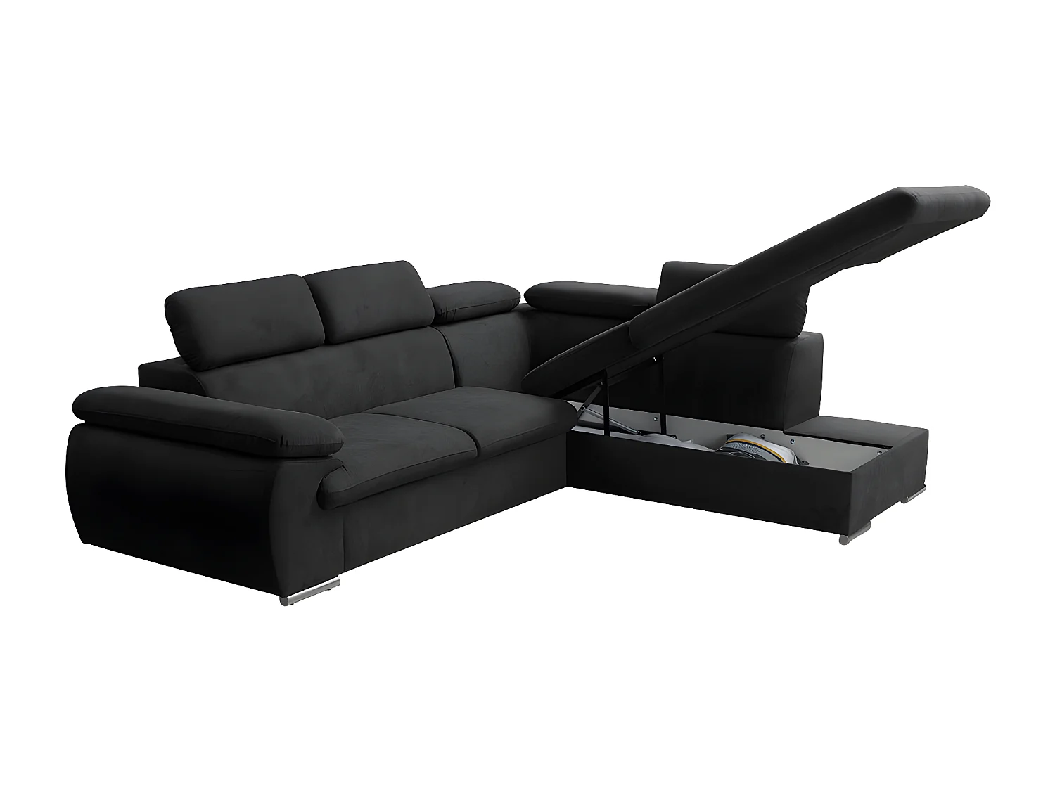 Canapé d'angle droit convertible en tissu noir avec coffre de rangement FABIEN