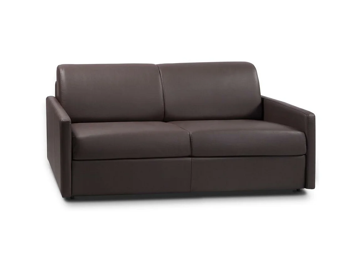 Sofá cama italiano de 3 plazas de piel sintética CALIFE - Marrón - Cama 140  cm - Colchón 14 cm