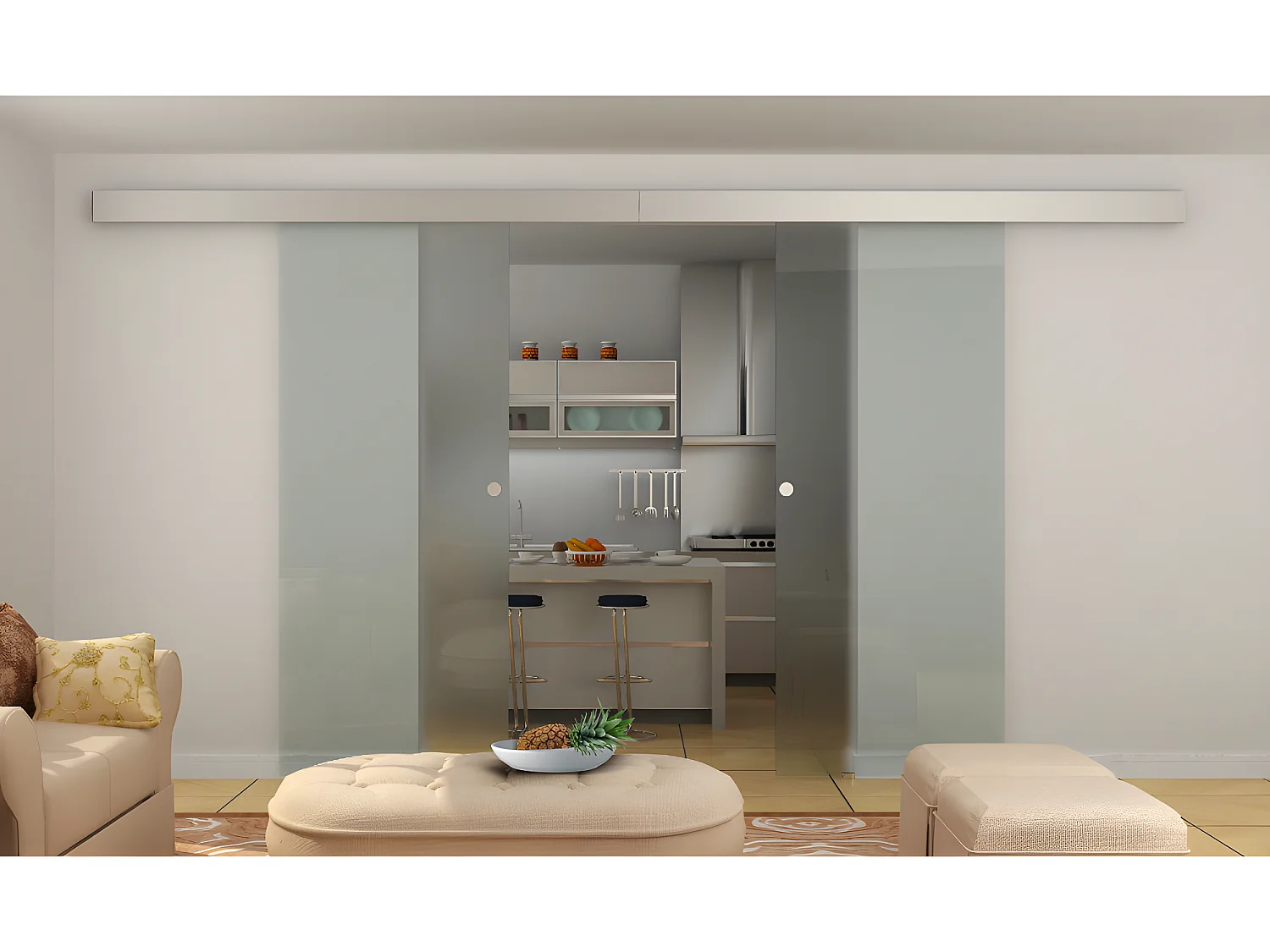 Porte coulissante double avec système en applique - 2 x H205 x L83 cm - Verre trempé dépoli - ALINA