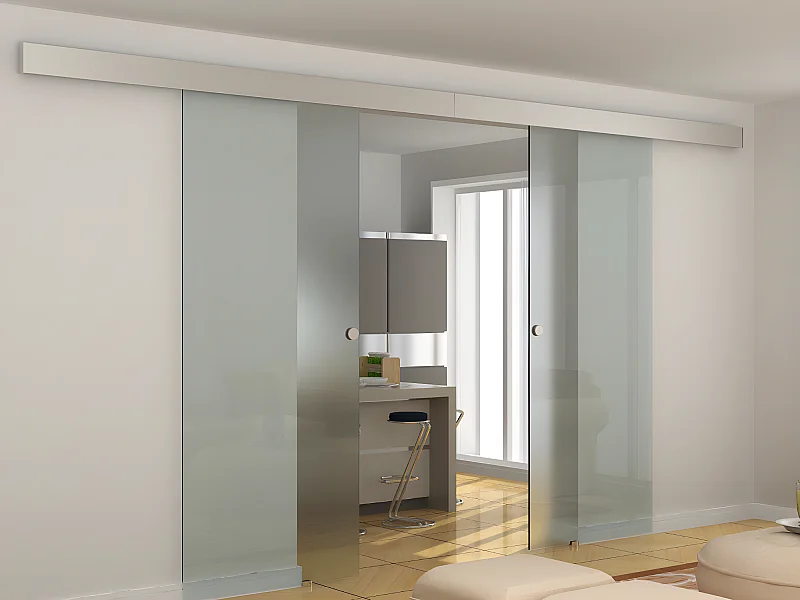 Porte coulissante double avec système en applique - 2 x H205 x L83 cm - Verre trempé dépoli - ALINA