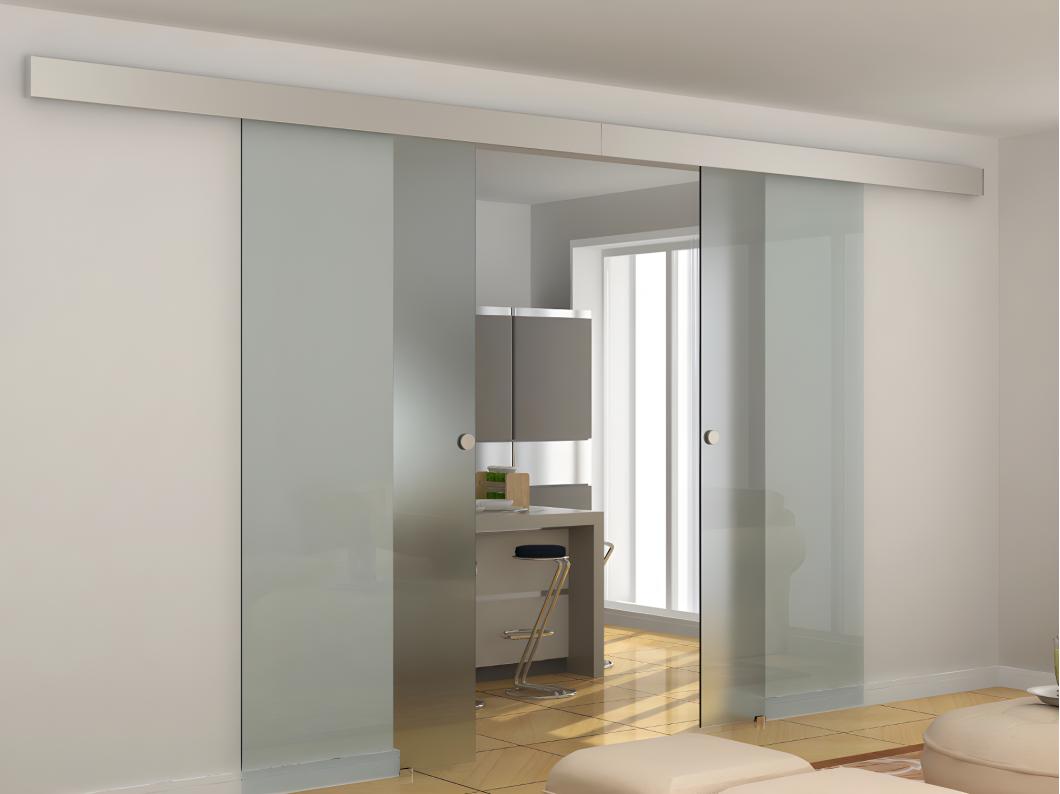 Puerta corredera doble con aplique - Alto 205 x Ancho 166 cm - Cristal templado - ALINA