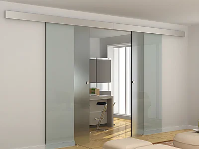 Double sliding door with surface-mounted system - 2 x H205 x W83 cm - frosted toughened glass - ALINA