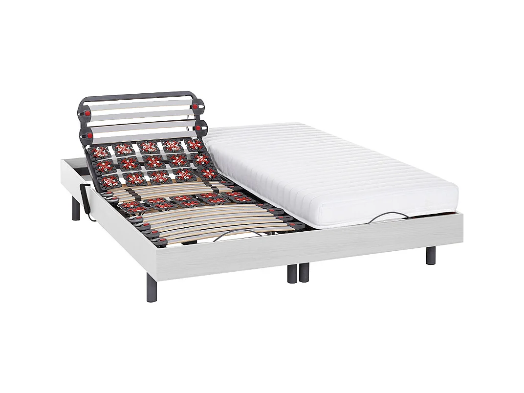 Lit électrique de relaxation lattes et plots + matelas accueil latex - 2 x 80 x 200 cm - Blanc - PANDORA II de YSMÉE