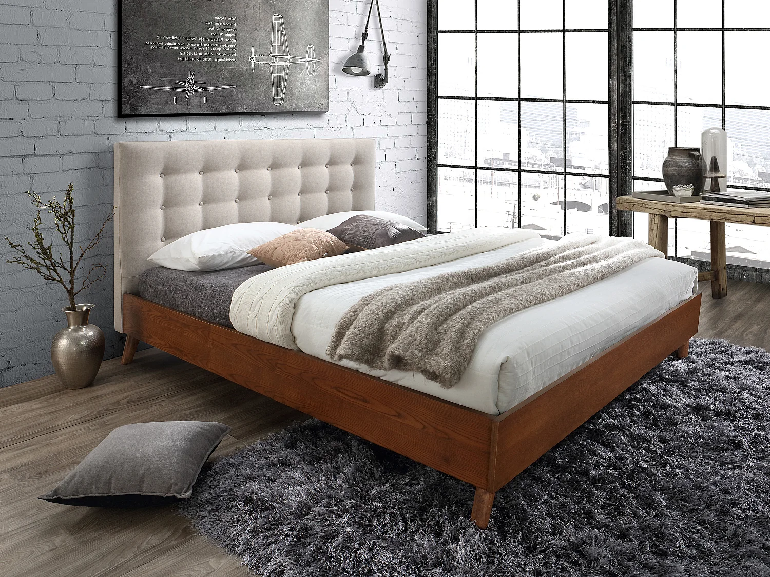 Bett 160 x 200 cm mit gestepptem Kopfteil - Stoff - Beige - FRANCESCO
