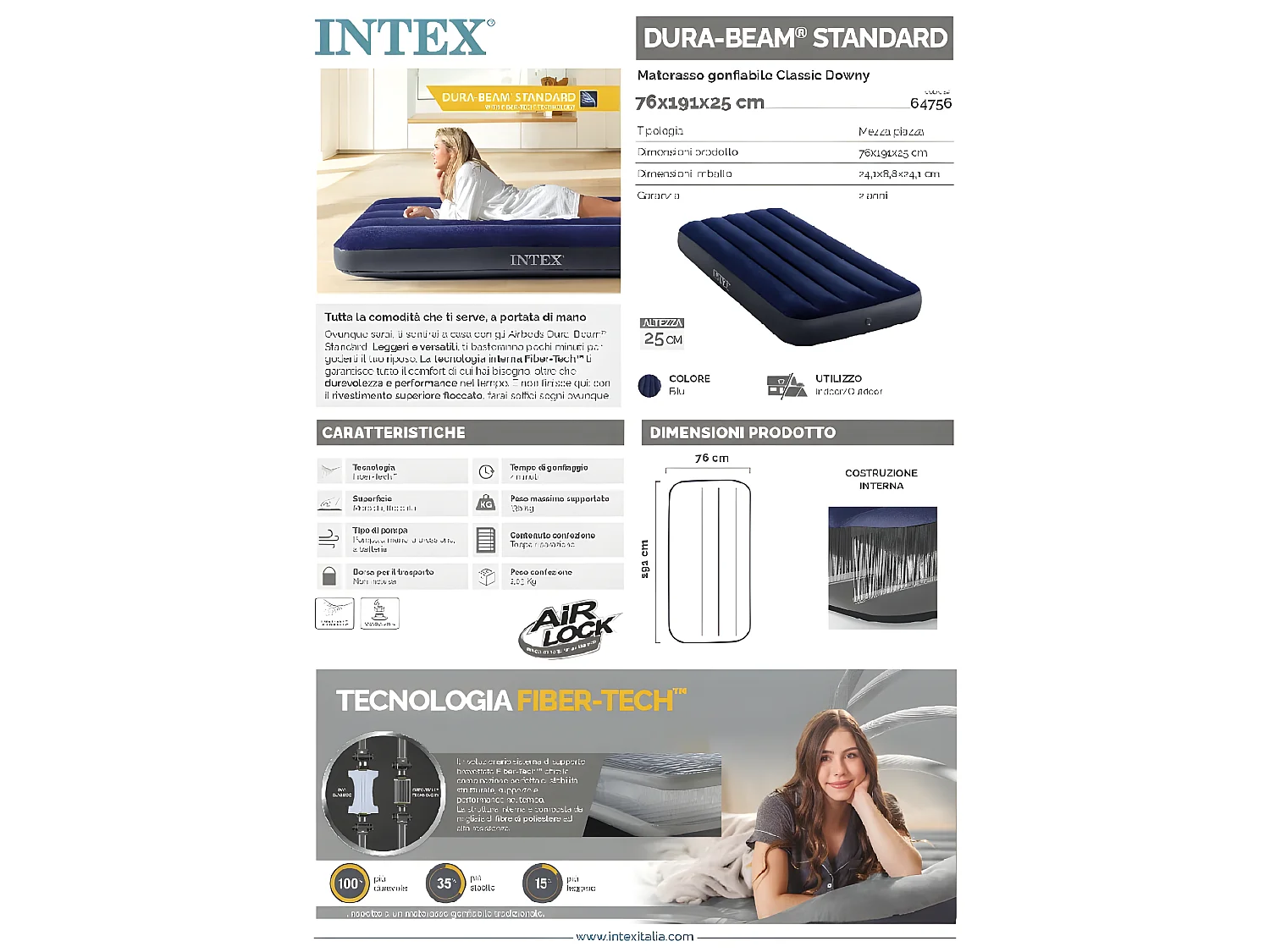 Matelas gonflable Classic Downy 1 place - Intex