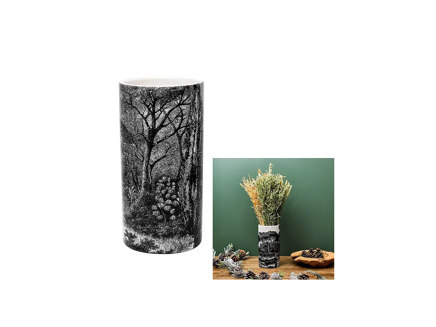 Vase Ceramique Cylindre Black Forest H25cm Noir, Blanc