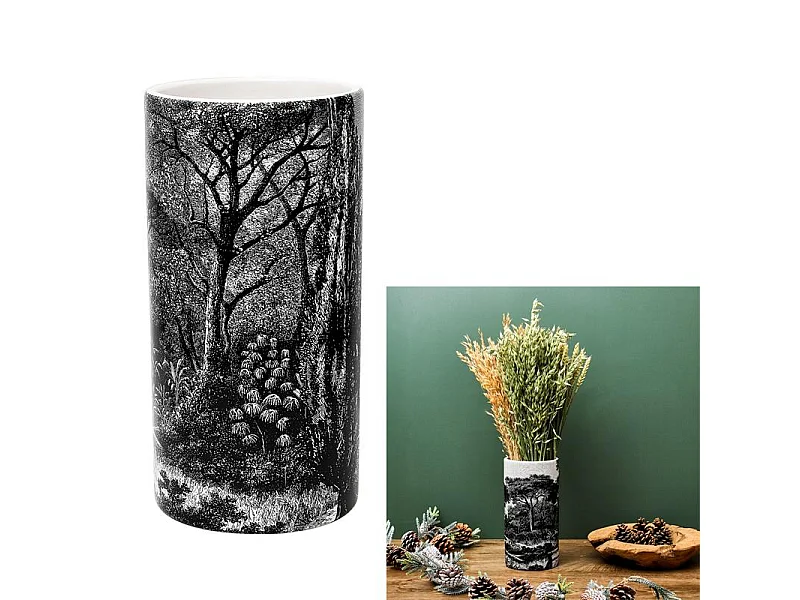 Vase Ceramique Cylindre Black Forest H25cm Noir, Blanc