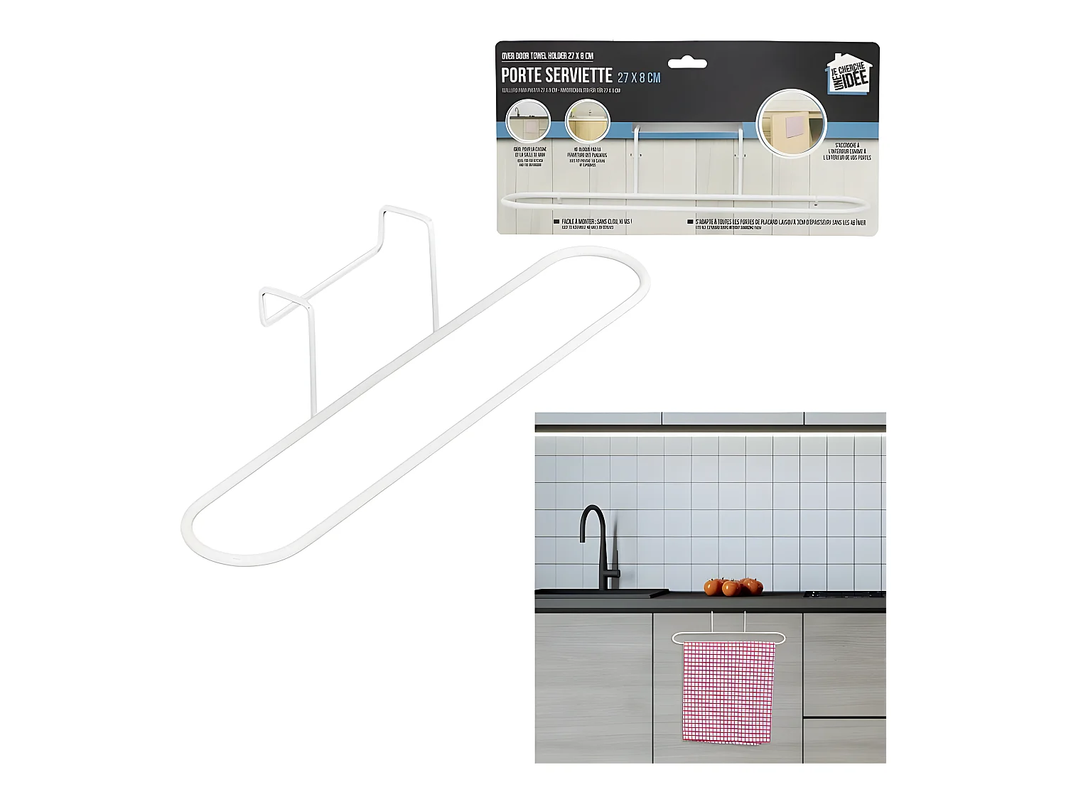 Porte-Serviette en Métal "Pour Porte" 27cm Blanc