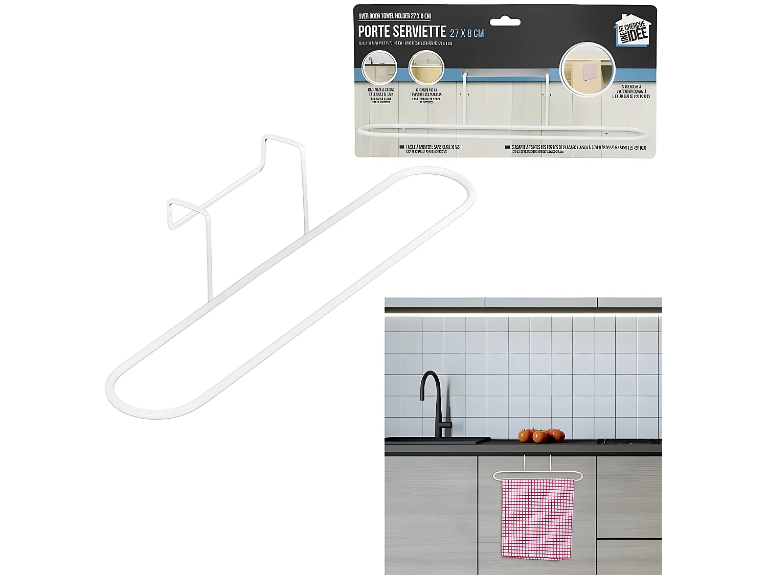 Porte-Serviette en Métal "Pour Porte" 27cm Blanc