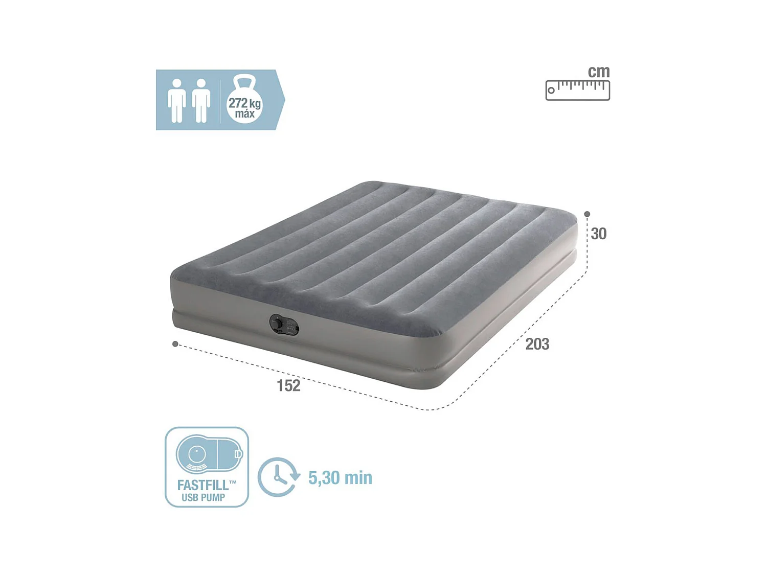 Materasso Gonfiabile Matrimoniale Prestige Mid-Rise - Grigio - 152 x 203 x 30 cm