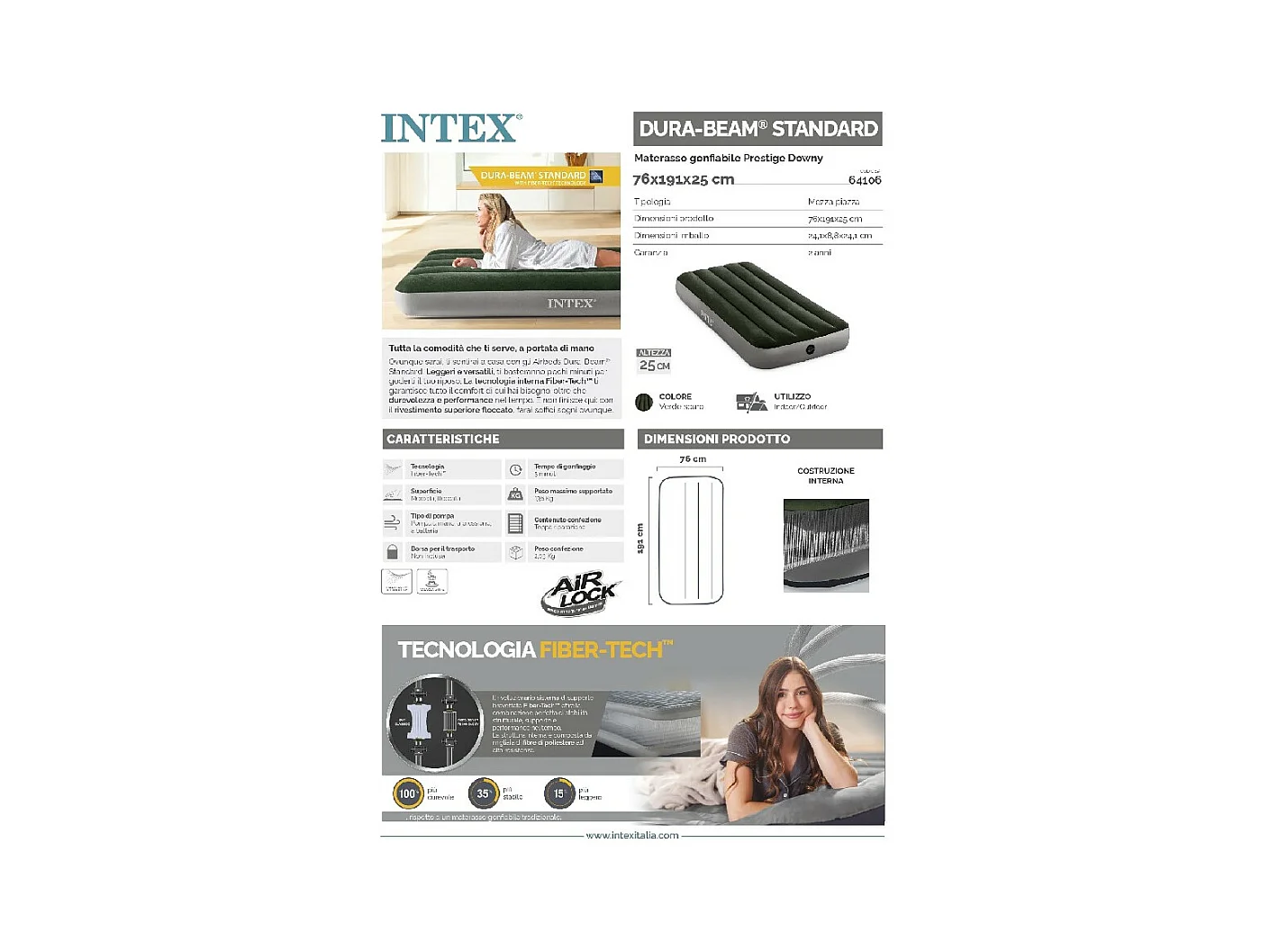 Matelas Gonflable 1 Personne "Fibertech" 191cm Vert