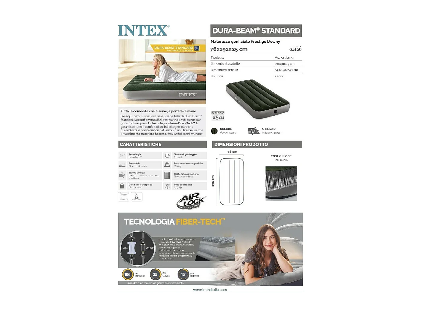 Matelas Gonflable 1 Personne "Fibertech" 191cm Vert