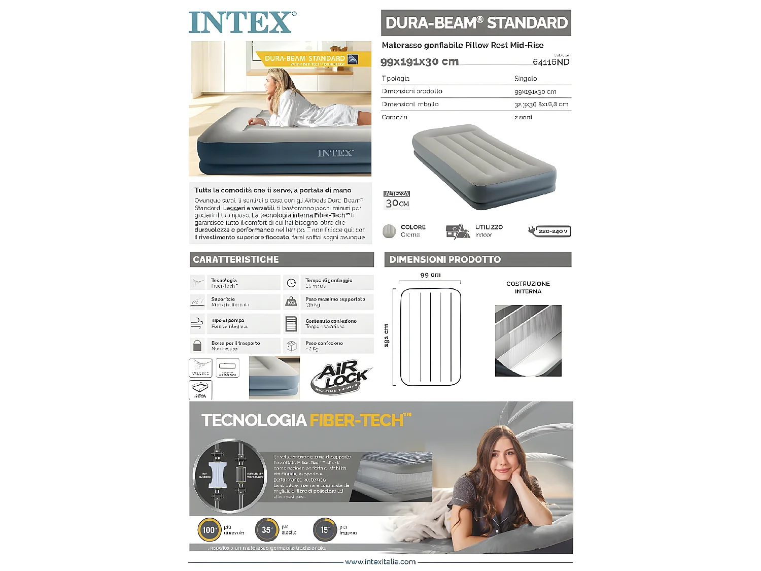 Matelas Gonflable Électrique 1 Place "Midrise" 191cm Gris