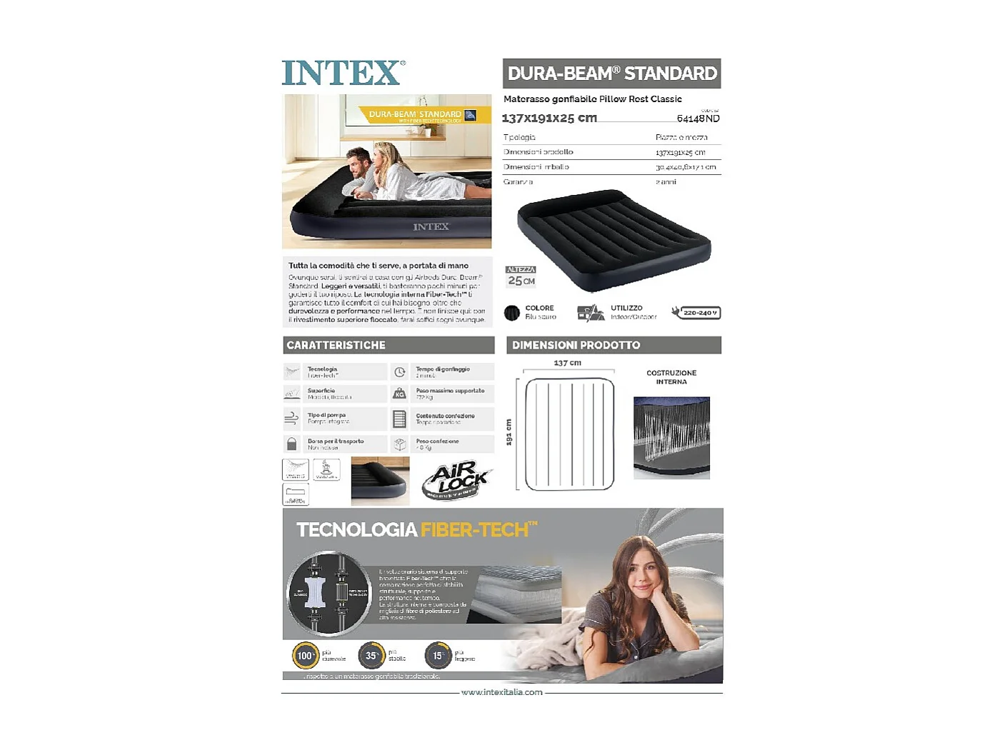 Materasso Gonfiabile Piazza e Mezza Pillow Rest Classic - Blu - 137 x 191 x 25 cm