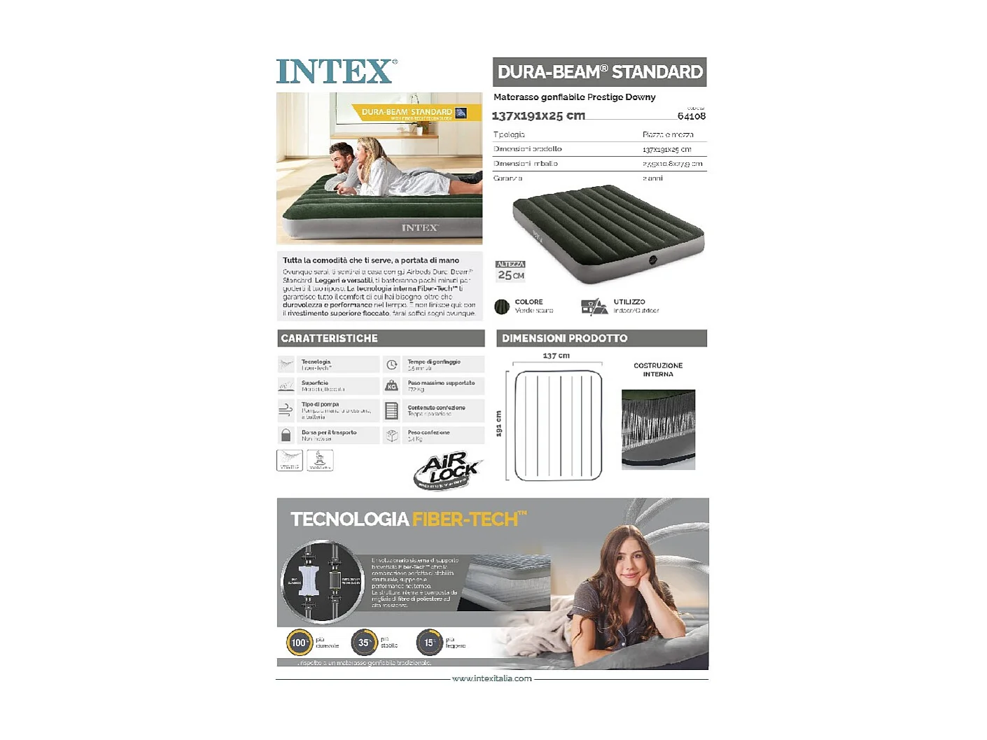 Matelas Gonflable 2 Personnes "Fibertech" 191cm Vert