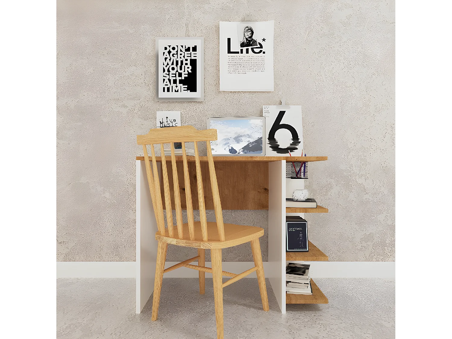 Bureau Basil Wood - Chêne, Blanc - 90x50x72 cm - Homemania